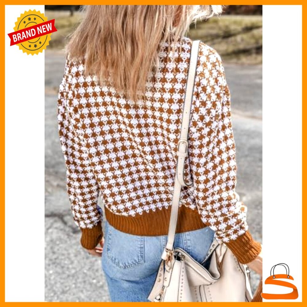 V-Neck Button Down Cardigan Sweater, Long Sleeve Plaid Knit, Relaxed Fit - Picture 2 of 7